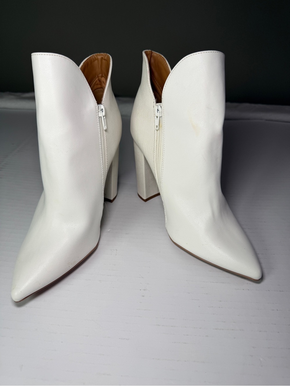 Qupid White Pointed Toe Ankle Booties with Block Heel